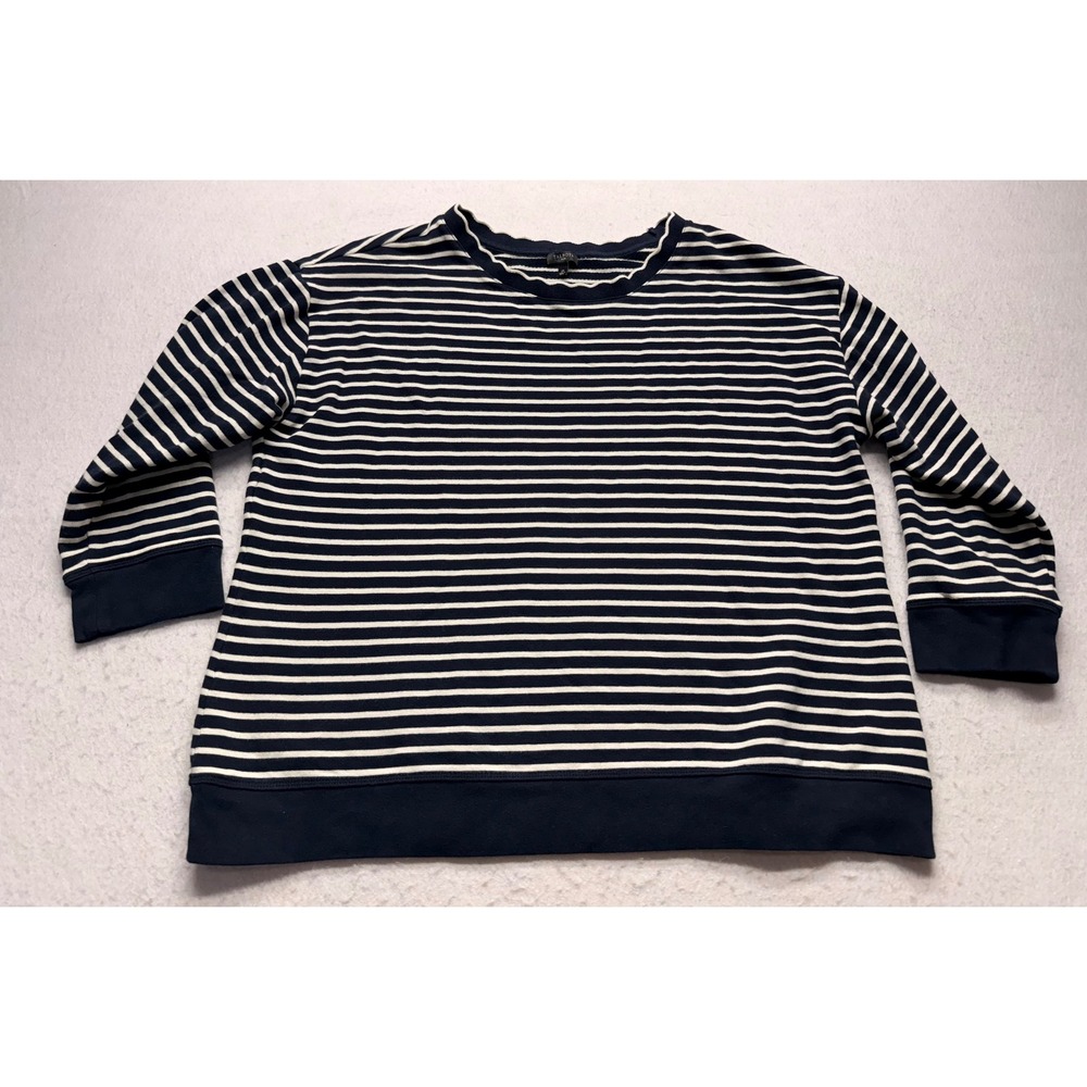 Talbots Plus Navy Blue White Striped Cotton Scallop Neck Sweatshirt 2X